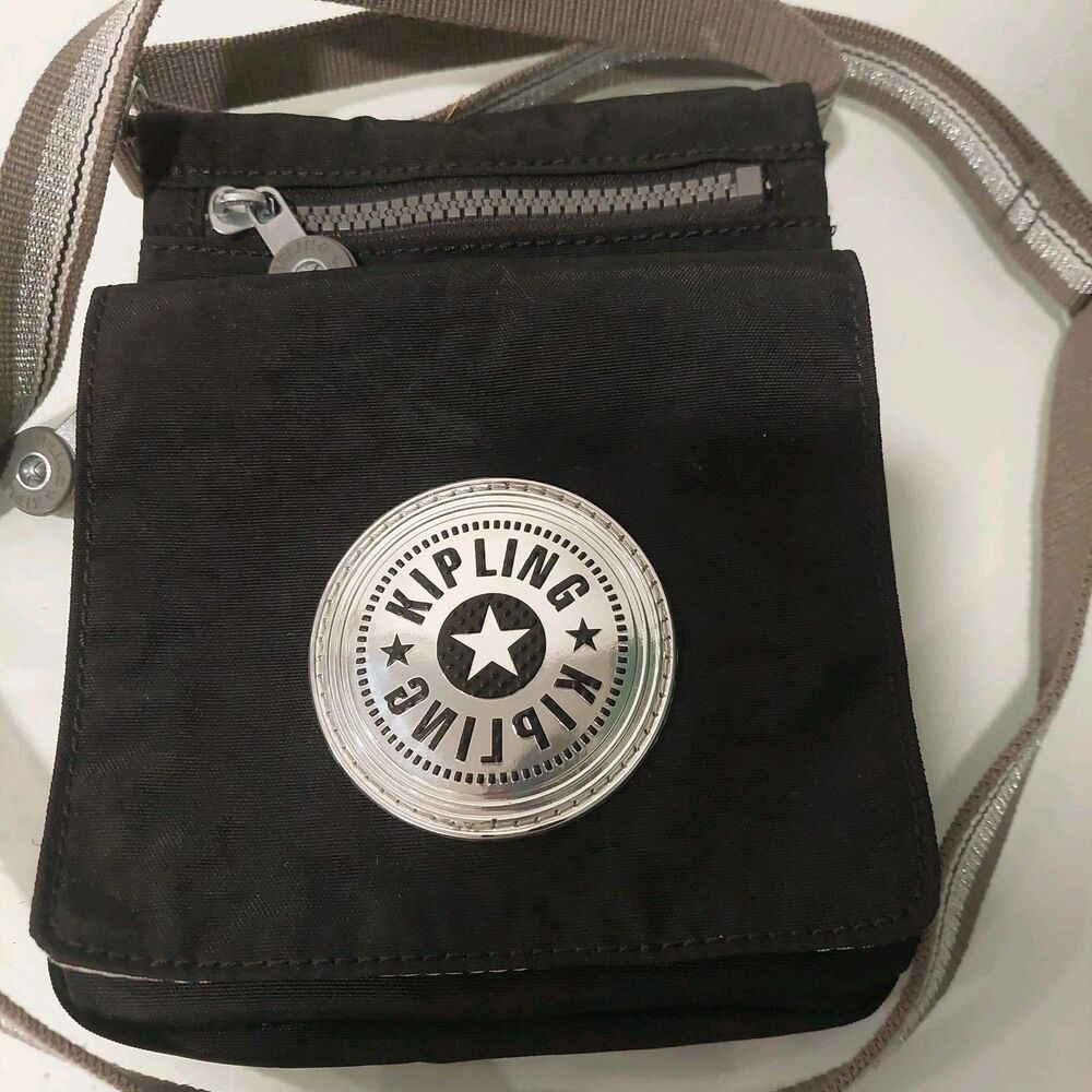 RARE Kipling Eldorado Black Crossbody Bag Organizer Silver Strap Big Logo K1A78